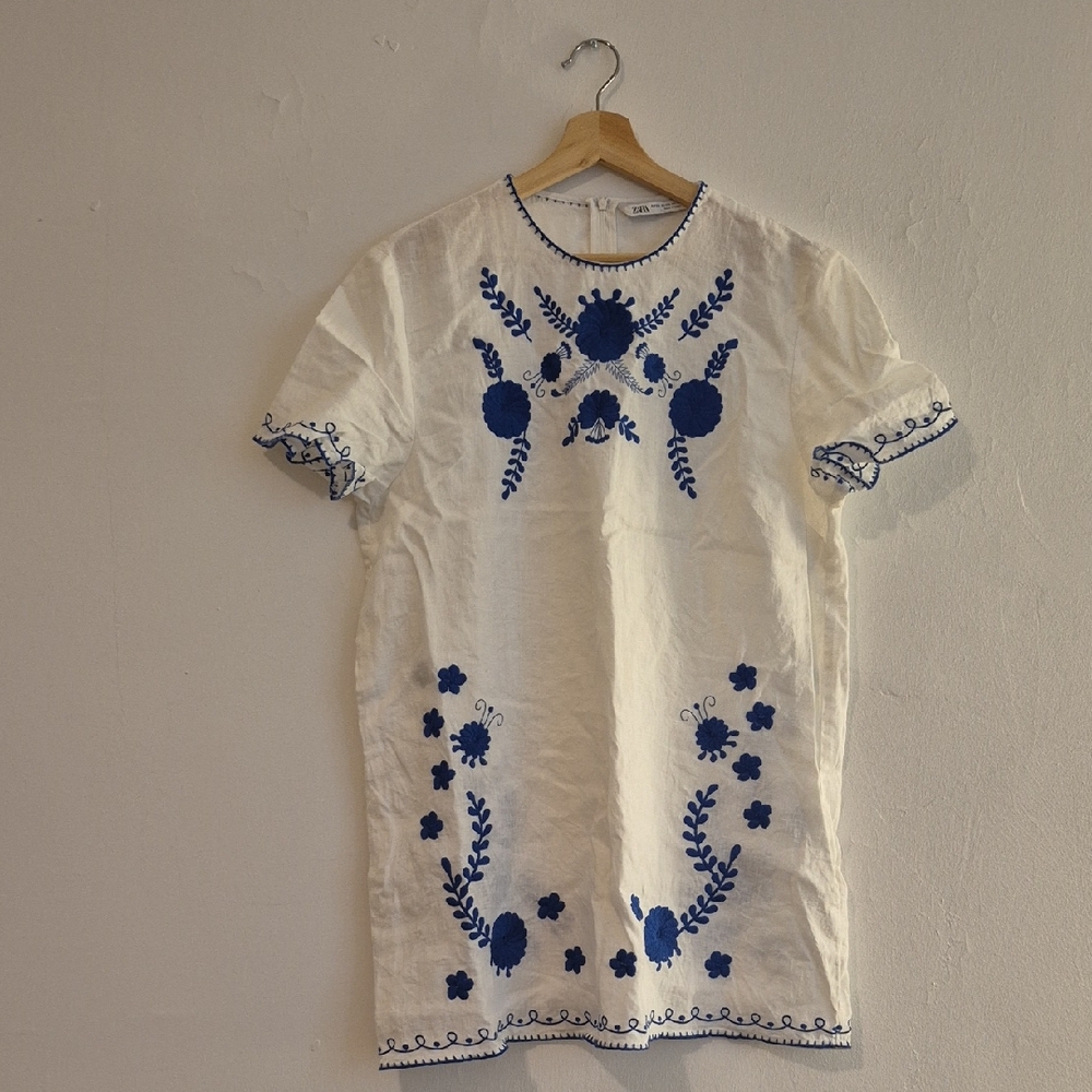 Zara White Dress with Blue Embroidery